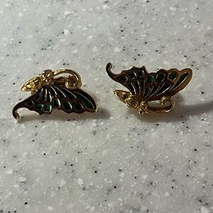 Napier Gold and Green Enamel Butterfly Earrings